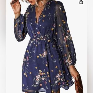 Cupshe Navy Floral Long Sleeve Dress